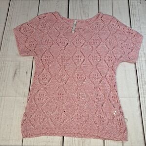 Leo & Nicole Short Sleeve Pullover Crochet Sweater Tee Size S Open Knit